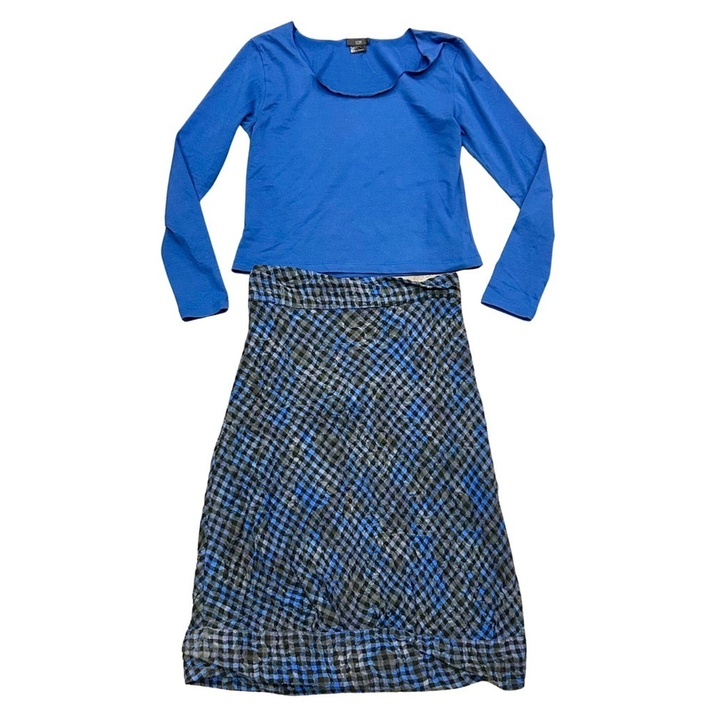 Crea Concept Blue Knit Top & Wool Blend Plaid Skirt Set (EU 42/44)